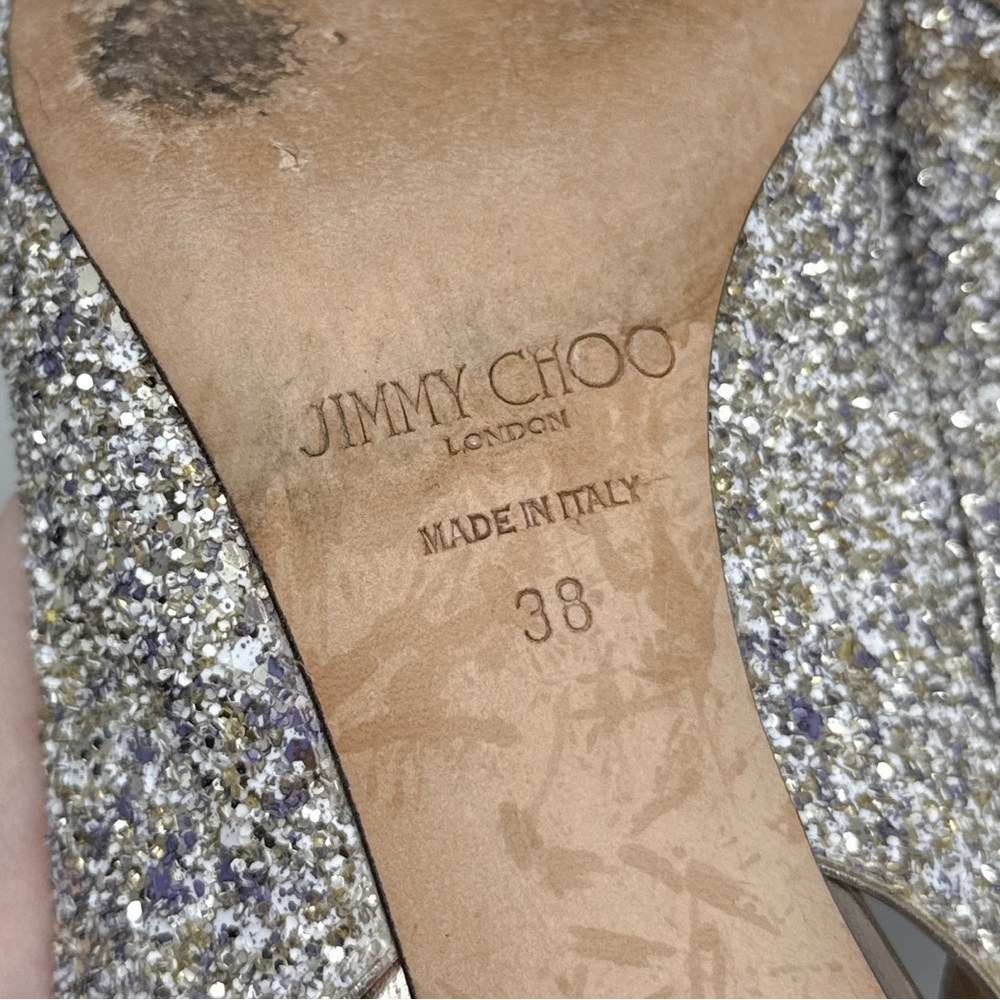 Jimmy Choo Erin 60 Platinum Glitter Pointed Toe Slingback Kitten Heel Pumps 38 - Picture 12 of 16